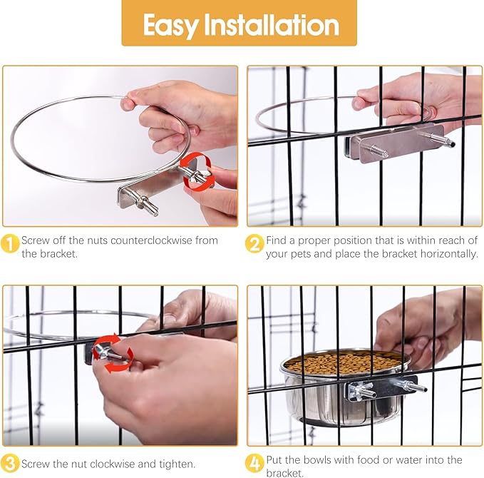 2 Pcs Large Pet Dog Food Water Bowl for Cage Stainless Steel Non-Spill Kennel Hanging Cats Bowls with Clamp Holder Crate Feeder Dish for Medium Large Dogs Huge Pets (7.1x2.5'' & 6.3x2.4'')