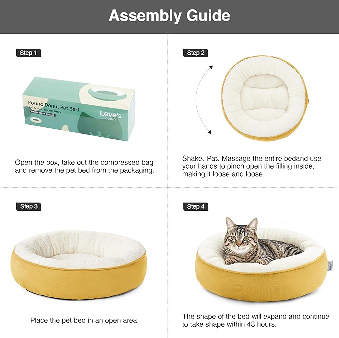 Love's cabin Yellow Round Donut Cat Bed, 20x20in, Soft Durable Fabric, Anti-Slip Water-Resistant, Washable Pet Bed