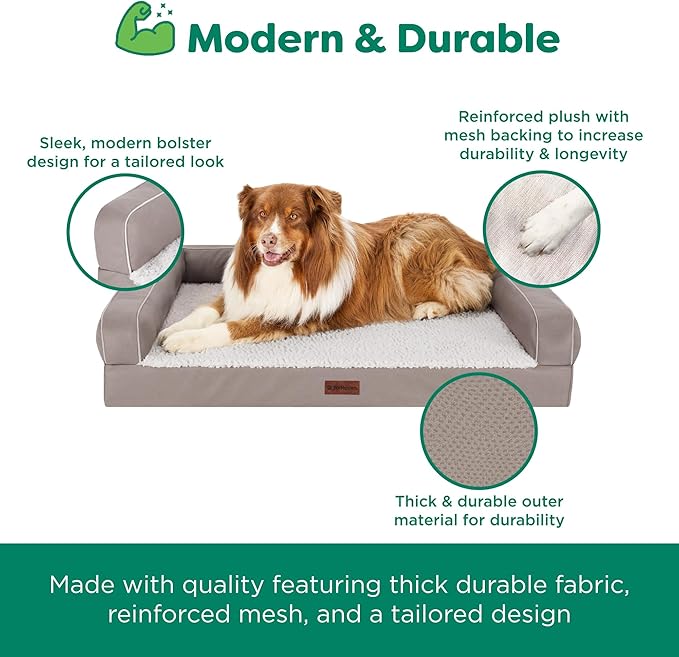 Furhaven Cooling Dog Sofa Bed – Memory Foam Couch with Bolsters, Textured Plush & Water-Resistant Cover, Washable Cover - Greige, Large