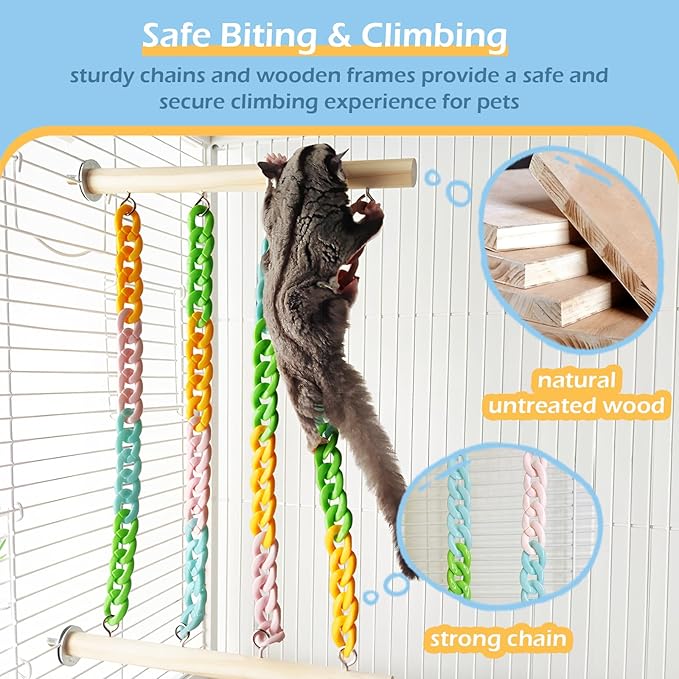 2Pcs Sugar Glider Climbing Toys, Natural Wood with Sturdy Colorful Chains Hanging Toys Sugar Glider Cage Accessories, Wobble-Free Rat Enrichment Toys for Small Animals and Parrots