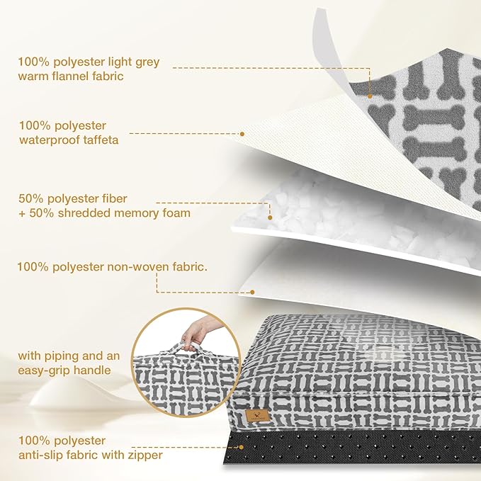 Dog Bed with Easy-Grip Handle - Shredded Memory Foam Pet Bed, Removable & Machine Washable Cover, Non-Slip Bottom, Choose from Cooling Linen or Warm Flannel Style for Dogs & Cats (Medium