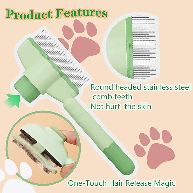 Cat Comb Dog Comb Pet Hair Removal Tool Flea Comb for Cats and Dog Lice Comb Cat Brush with Release Button Self-Cleaning with Long & Short Stainless Steel Metal Teeth for Shedding