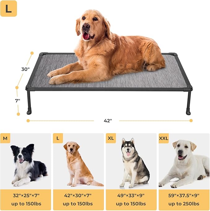 Veehoo Chewproof Elevated Dog Bed - Cooling Raised Pet Cot, Breathable Mesh, Washable & Non-Slip for Large Dogs, Indoor/Outdoor, Black Silver Mat and Black Frame, 42x30inches (Model CWC2203A03)