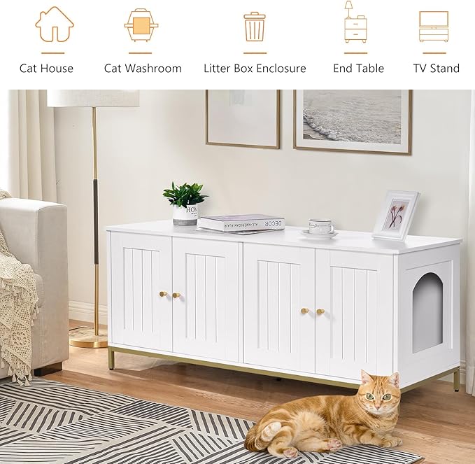 Homhedy Cat Litter Box Enclosure for 2 Cats, Cat Washroom Furniture with Double Room, Pet House with Metal Frame, 47.2”L x 17.7”W x 21.7”H, White and Gold