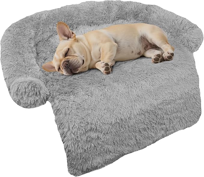 GGIB Calming Dog Bed Fluffy Plush Dog Mat for Furniture Protector with Removable Washable Cover for Large Medium Small Dogs and Cats (Small,Grey)