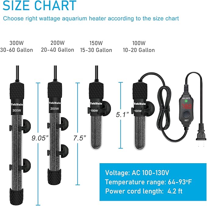YukiHalu Small Submersible Aquarium Heater, Adjustable Mini Fish Tank Heater 25W 50W 100W 200W 300W with External Temperature Controller, LED Display, Used for 5/10/20/40/60 Gallons (300 Watt)