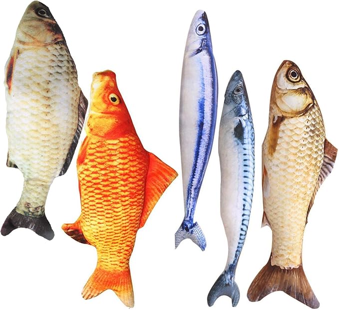 Catnip Toys 5 Pack - Simulation Fish Shape Realistic Fluffy Catnip Doll Interactive Pets Pillow Chew Bite Supplies for Cat Kitten Kitty