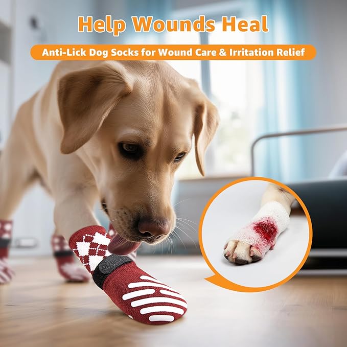 LOOBANI Dog Socks to Prevent Licking Paws - Dog Socks for Hardwood Floors Anti Slip for Traction Control - Dog Grippy Socks for Senior Dog Small Medium Large Dogs on Tile Floors, Red M