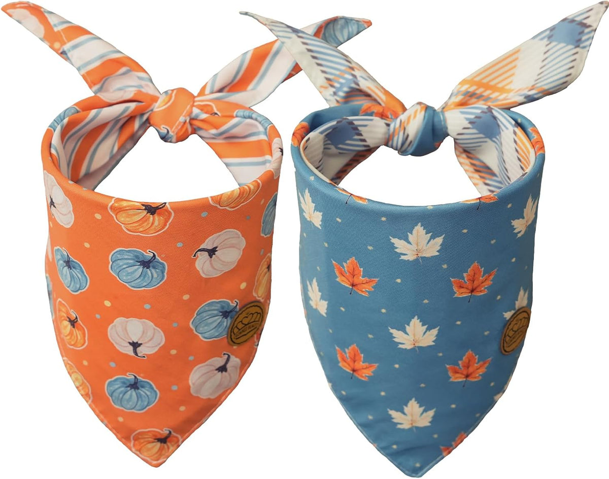 CROWNED BEAUTY Fall Dog Bandanas Reversible Large 2 Pack, Leaves Pumpkin Charm Set, Blue Orange Adjustable Triangle Holiday Scarves for Medium Large Extra Large Dogs Boy Girl Pets DB186-L