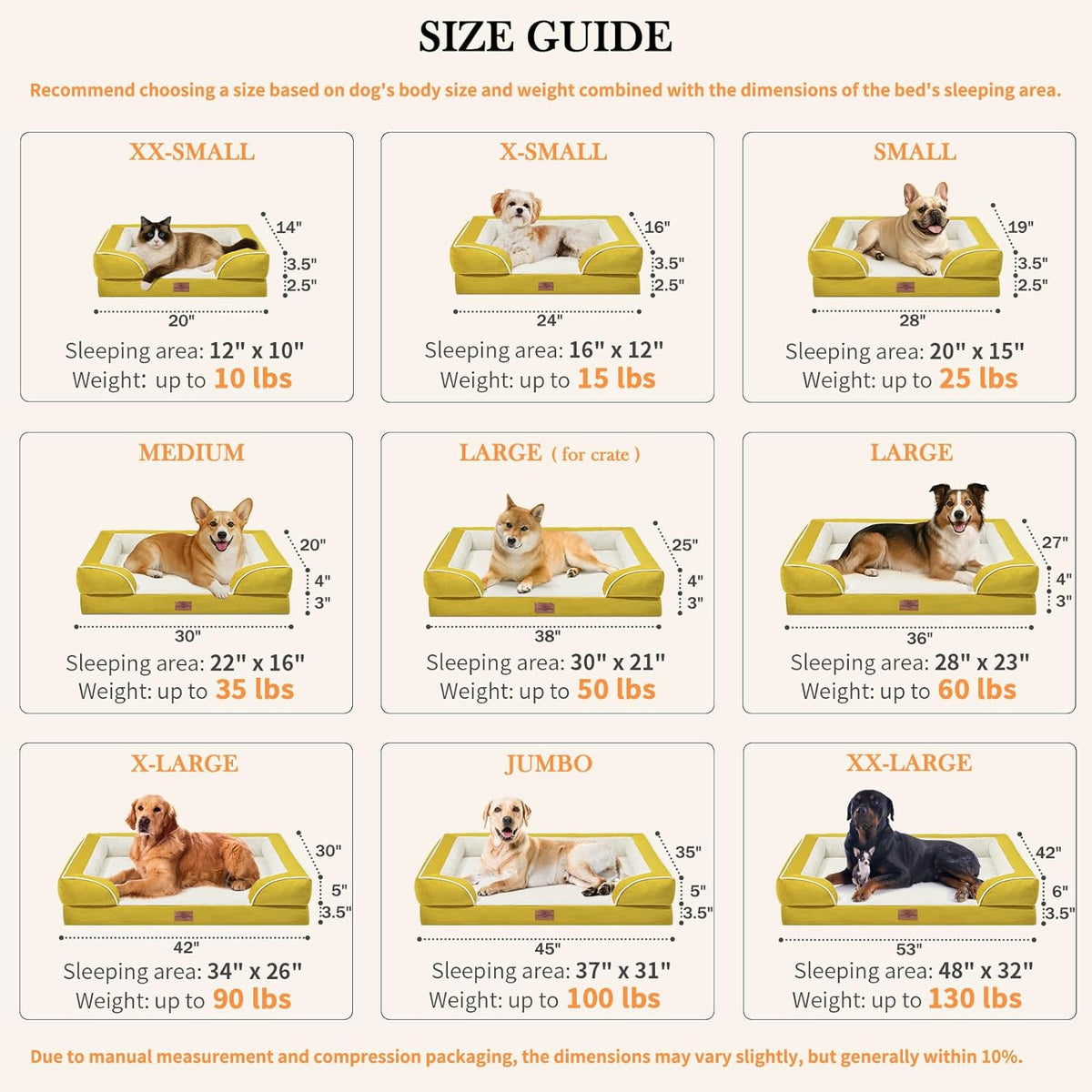 Comfort Expression Small Dog Beds Waterproof Orthopedic Foam Dog Sofa Beds for Small Dogs Comfy Pet Bed with Washable Removable Cover & Non-Slip Bottom(X-Small,Spicy Mustard)