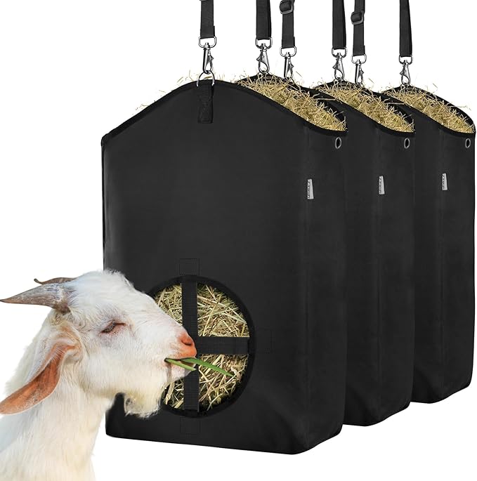 3 Packs Goat Hay Feeder,Hay Bags for Goats,Horses,Sheep,Premium 600D Oxford Cloth,with Metal Fastener and Adjustable Open Feed Hole for Slow Feeding. (3 Black)