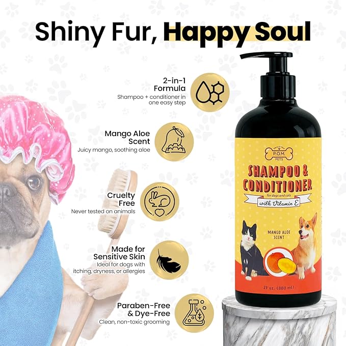 POM Pets 2-in-1 Organic Dog Shampoo & Conditioner – Itchy Skin Relief, Dog Deshedding, Detangles Fur, Cat Shampoo, Paw Cleaner for Dogs, Natural Coat Defense Formula