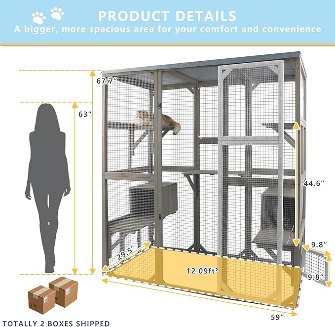Catio Outdoor Cat Enclosure Large Window Cat House Walk in Kitty Cage with Multi-Level Platforms, Waterproof Roof for Mulitiple Cats (59" L x 29.5" W x 67.7" H)