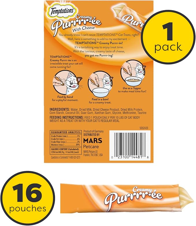 Temptations Creamy Puree Squeezable Lickable Wet Cat Treat with Cheese, 0.42 oz. Tubes, 16 Count