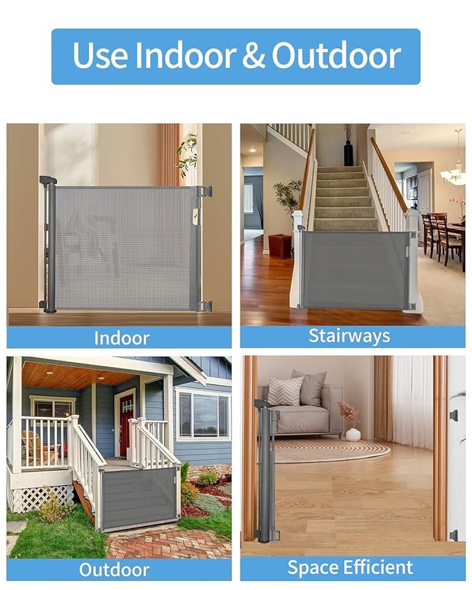 (2 Pack) Retractable Baby Gate for Doorways and Stairs, Mesh Safety Gate for Pet, Indoor & Outdoor Use, One-Hand Operation, Easy Installation, 33.6" Tall, Expands to 55" Wide（Grey,33.6"x55"