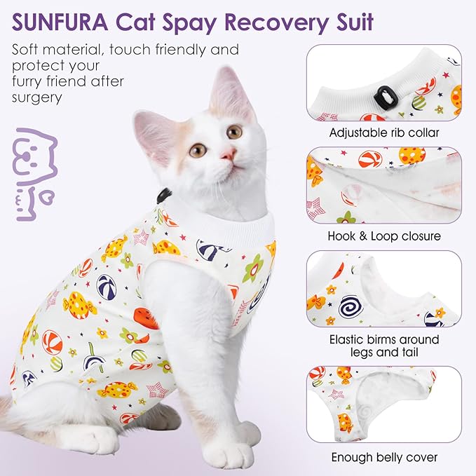 SUNFURA Cat Recovery Suit, Kitten Surgical Full Bodysuit for Abdominal Wound Protector Anti Licking After Surgery, Professional Bandages Cone E-Collar Alternative for Small Male & Female Pets