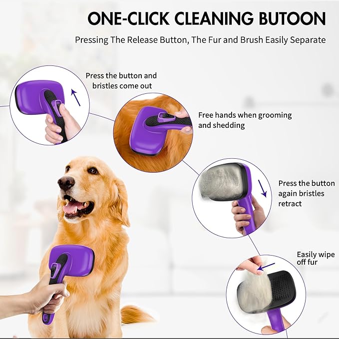 Dog Self Cleaning Slicker Brush for Shedding, Ideal for Short Long Haired Dogs, Including Cat. Removes Loose Fur, Undercoat, Mats, Tangled Hair. Suit for Large Medium Small Animal, Purple