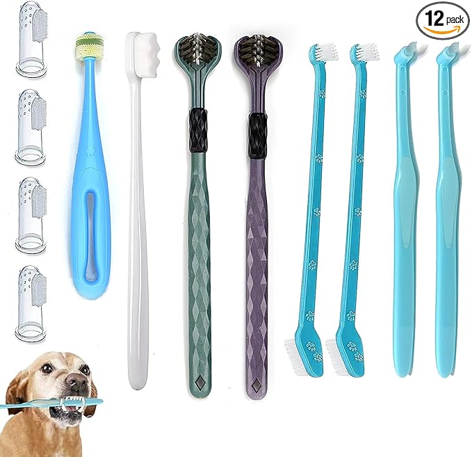 Dog Toothbrush, 360 Degree Finger Toothbrush, Triple Head Toothbrushes,Cleaning Brushes for Dog Cat Oral Dental Health (12 Kit)