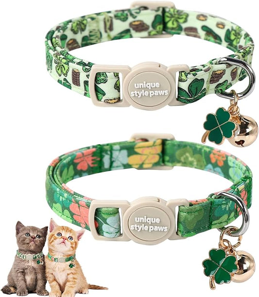 Unique Style Paws Saint Patrick Day Cat Collar,Trefoil Cat Collars,Green Kitten Collar Breakaway Buckle,Adjustable St. Patrick Day Puppy Collar,Ideal Gift for Boy Girl Cats