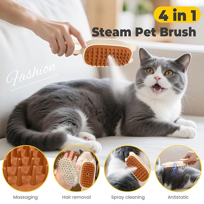 Cat Steam Brush for Shedding, 4 in 1 Rechargeable Steam Brush for Cats and Dogs, Anti-Static, Massage, flea comb for cats& Pet Removal Hair Glove,Shedding & Combing All In One!