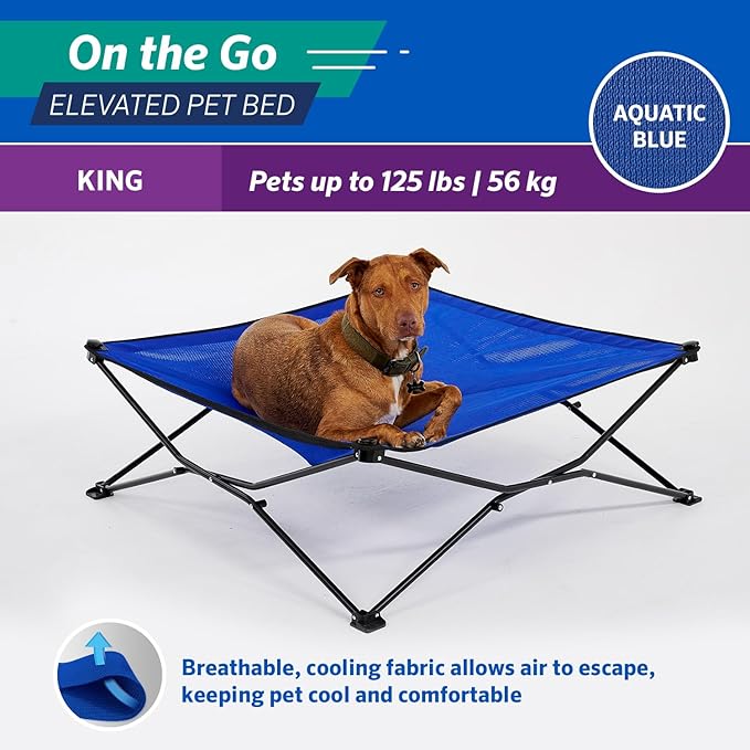 Coolaroo On-The-Go Elevated Dog Bed - Foldable Pop-Up Travel Dog Bed with Breathable, Moisture-Resistant Fabric, Carry Bag Included, Lightweight & Portable, Aquatic Blue, Extra Large