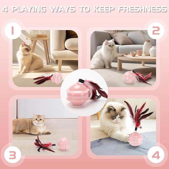 Colurful LED Interactive Cat Feather Toy Ball for Bored Indoor Adult Cats Chase Automatic Moving Ball Rechargeable Self Rolling Automated Tumbler Toy Electric Cat Toy (Pink)