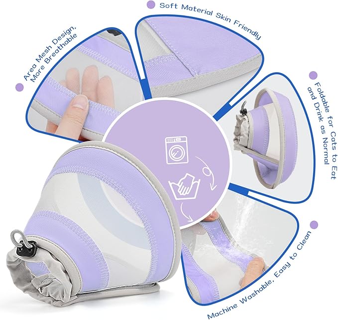 Breathable Air Mesh Cat Cone Collar Soft to Stop Licking, Adjustable, Foldable Lightweight Kitten Cones After Surgery Recovery for Cats & Kittens (Light Purple,L)