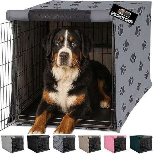 GORILLA GRIP Dog Crate Covers compatible with Amazon Basics Dog Crates, All Sides Open, Privacy Cover Fits 48" Wire Kennel, Breathable Mesh Windows, Light Reducing Puppy Training Cage Topper, Gray Paw