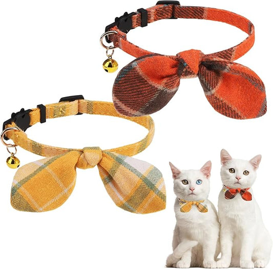KOOLTAIL Cat Collar Breakaway with Bowtie and Bells, 2 Pack Cute Kitten Collars for Boys & Girls, Classic Plaid Design with Safety Buckle Adjustable for Small Large Cats Puppy,Yellow & Orange
