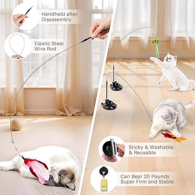 HONGDDY Cat Toys, 14Pcs 4 in 1 Indoor Adult Cat Interactive Toys, Hanging Door Kitten Wand with Suction Cup Removable Feathers Balls Mice Butterfly Streamers
