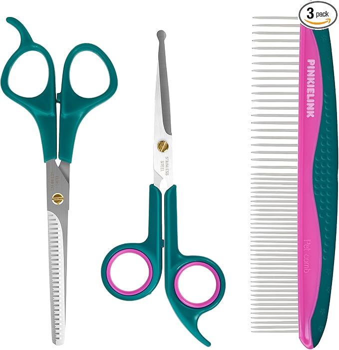 Professional Pet Grooming Kit, Stainless Steel Dog & Cat Grooming Shears with Rounded Tip Blades for Safe Fur Trimming, Thinning Shears, Straight Scissors, and Pet Comb (Set of 3)
