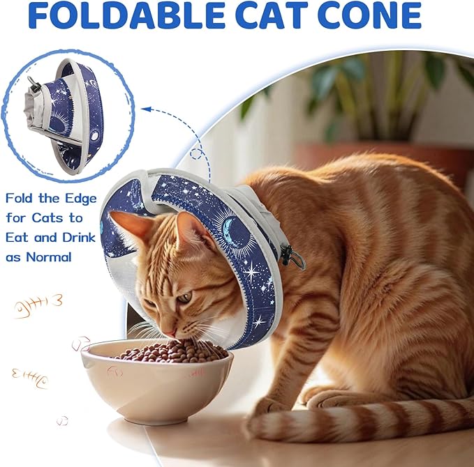Breathable Air Mesh Cat Cone Collar Soft to Stop Licking, Adjustable, Foldable Lightweight Kitten Cones After Surgery Recovery for Cats & Kittens (Star Blue, M)