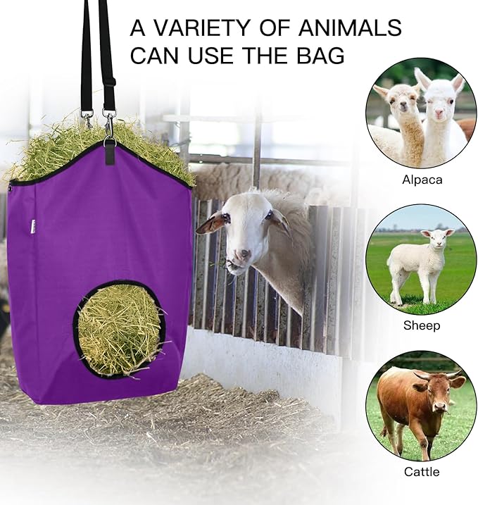 3 Packs Goat Hay Feeder,Hay Bags for Goats,Horses,Sheep,Premium 600D Oxford Cloth,with Metal Fastener and Adjustable Open Feed Hole for Slow Feeding. (2Purple + 1Black)