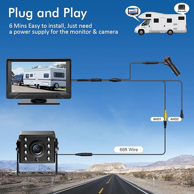 RV Backup Camera Plug and Play, 7'' Backup Camera for Truck Trailer, No Delay, 1080P HD, 2 Channels, 150° Wide Angle, DIY Guide Lines, Night Vision, IP69 Rear View Camera