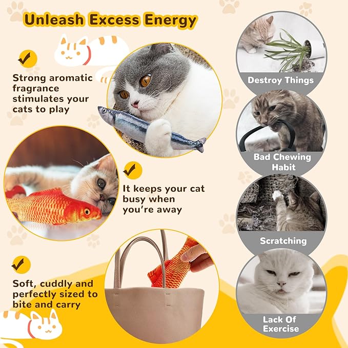 Catnip Toys 5 Pack - Simulation Fish Shape Realistic Fluffy Catnip Doll Interactive Pets Pillow Chew Bite Supplies for Cat Kitten Kitty