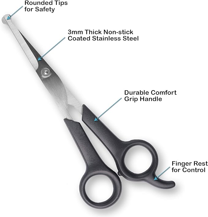 Pets First #1 Pet Grooming Scissors Body & Facial Trimmer Durable Stainless Steel Blades. Rounded Tips Shears for Long Medium Short Thick Wiry Curly Hair. Lightweight Cutter for Dogs & Cats. Set of 2