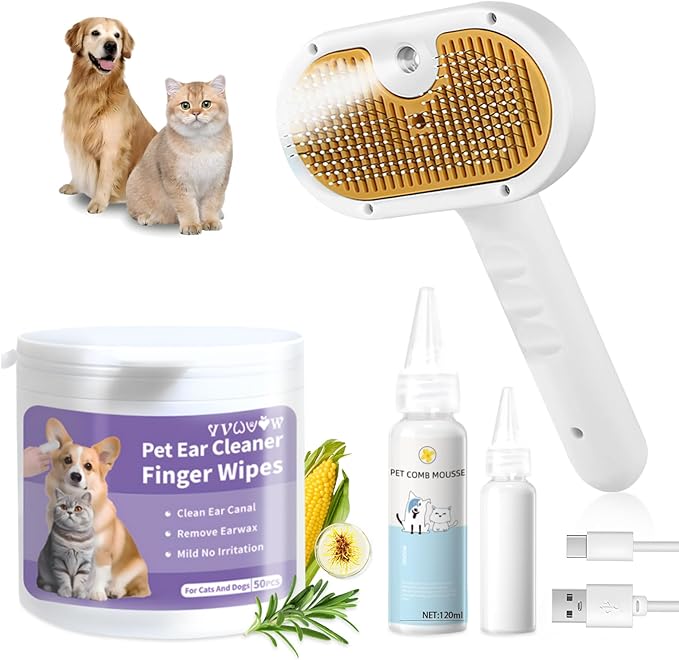 Pet Steam Brush for Dog & Cat–3-in-1 Spray Hair Removal Comb–Steam Brush for Shedding & Grooming–Water Brushes for Long & Short Haired Pets–Spritz Defur Comb–Includes Waterless Shampoo & Ear Wipes