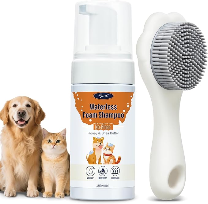 Pet Waterless Shampoo with Brush, Dry Shampoo for Dog & Cats, No Rinse Foam Formula for Quick Clean Between Bath, Detangling, Deep Cleansing, Reduce Itchy Skin Shedding & Odor Control