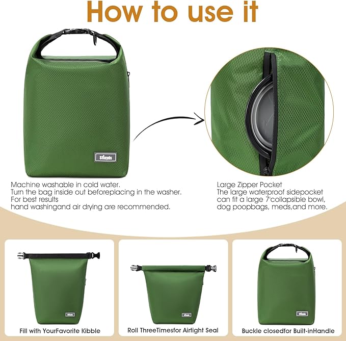 Dog Food Travel Bag,Pet Food Container 20 lb w/2PCS Collapsible Dog Travel Bowls and Zipper Side Pocket(Green, Large)