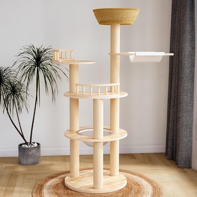 Modern Wood Cat Tree for Large Cats,Luxury Rattan Oak Cat Trees Towers，Rattan Cat Tree with Capsule &Hammock，3 Weaving Cat Nests & Washable, Sisal Scratching Posts, for Indoor Cats, (Large 02)