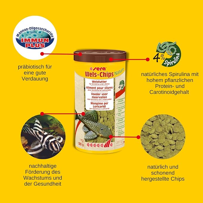 Sera Pleco Chips 13.4 oz./0.84lbs | Premium Fish Food for Ancistrus & Plecos | High Fiber | No Dyes & Preservatives | Supports Digestion & Promotes Healthy Growth | Ideal for Bottom Feeders