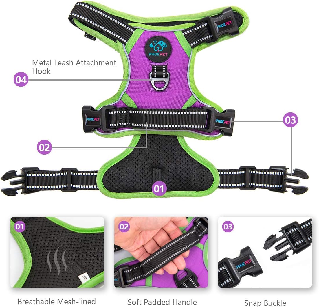 PHOEPET 2019 No Pull Dog Harness Medium Reflective Front Clip Vest with Handle,Adjustable 2 Metal Rings 3 Buckles,[Easy to Put on & Take Off](M, Purple)