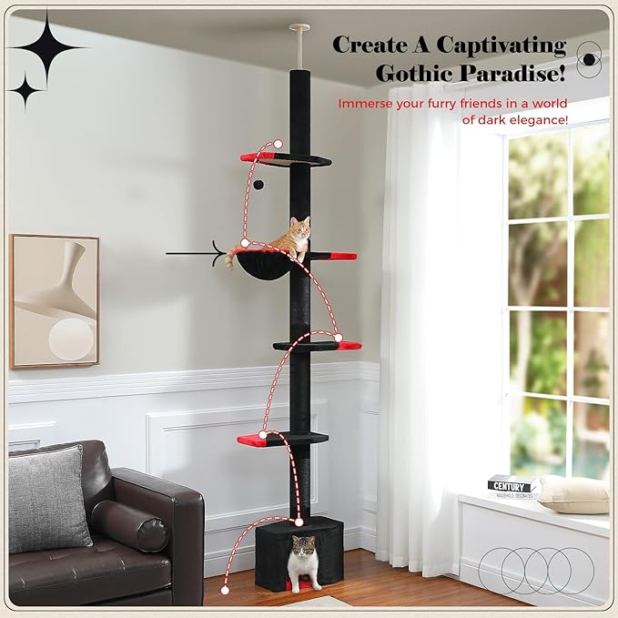 PAWZ Road Gothic Cat Tree, Floor to Ceiling Cat Tower with Adjustable Height (86.8-120 Inches), 5 Tiers Black Cat Condo with Cozy Hammock, Fully Scratching Posts and Dangling Balls for Indoor Cats