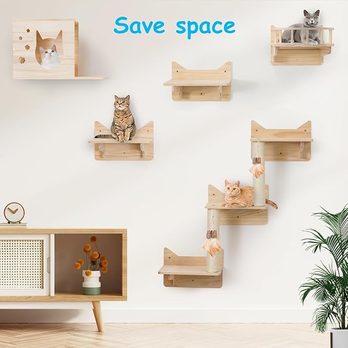 Wall-Mounted Cat Shelves for Large Cats – 9-Piece Pine Wood Cat Furniture with Scratching Posts, Ladder & House – Indoor Modern Climbing Wall Gym for Cats