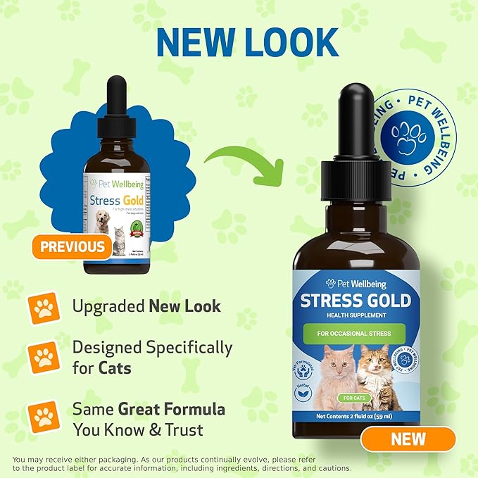 Pet Wellbeing Stress Gold for Cats - Occasional High Stress and Restlessness, Supports Relaxation, Travel, Vet Trips, Skullcap, Valerian - Veterinarian-Formulated Herbal Supplement 2 oz (59 ml)