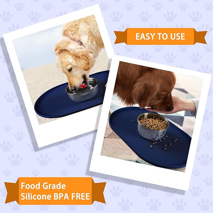 100% Waterproof 0.5" Raised Edge BPA Free Silicone Dog Food Mat, Pet Cat Feeding Mats Contain Spills Protects Floors, Placemats for Cats and Dogs Water Bowl Dishwasher. (Large/XL, Navy)