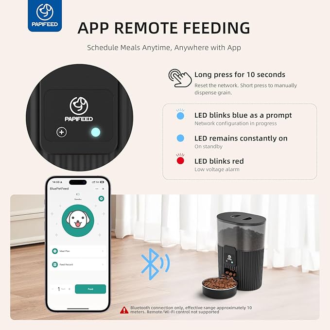 PAPIFEED Automatic Cat Feeder 3.5L/15 Cup 2.4G Bluetooth Pet Feeder for Dog Work with Alexa & Echo Timed Cat Food Dispenser for Remote Feeding with Stainless Steel Bowl up to 10 Meals Per Day with APP