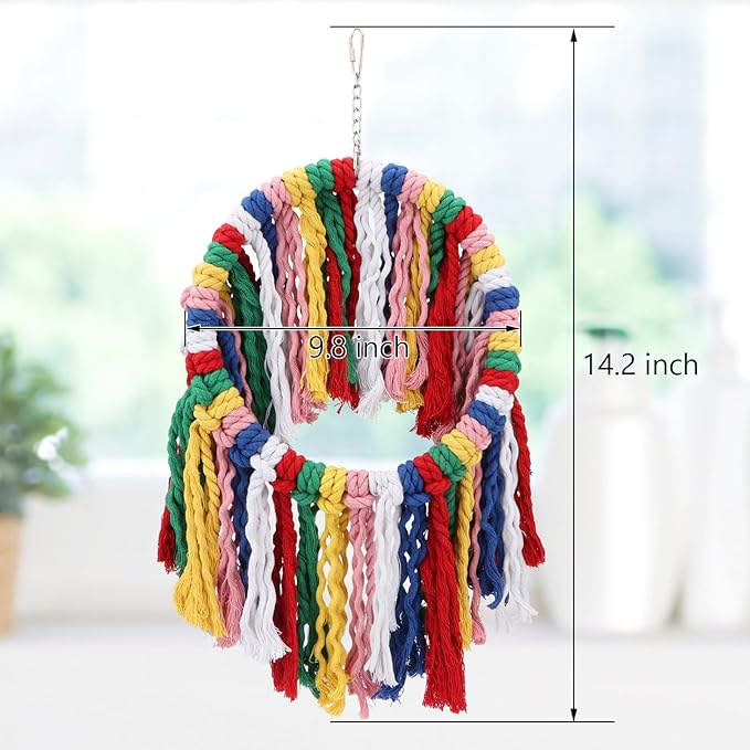 Wontee Bird Rope Chewing Toys Parrot Cage Bite Toys Colorful Hanging Ring Swing Perch for Cockatiel Conure Quaker African Grey Amazon Parrots