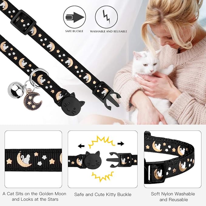 2Pcs Breakaway Cats Collars Cat Collars for Boy Cats Adjustable Kitten Collars with Bell,Black+Pink,8"-13.1"