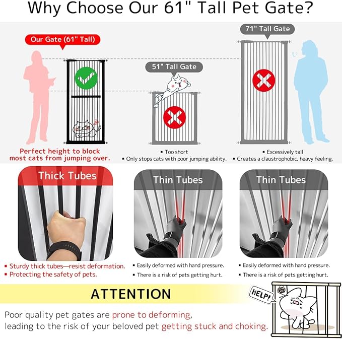 Lumizone Extra Tall Cat Gate 61.02" High Pressure Mounted Extra Wide 34.06"-38.38" (17Sizes) 1.37" Gap No Drilling Auto-Close Tall Pet Gate for Dogs (Black, 34.06"-38.38" W)
